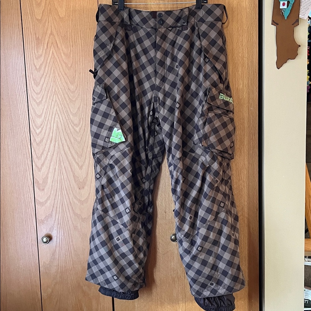 RARE Burton XL brown check insulated adj. waist snowboard ski pants lined EUC